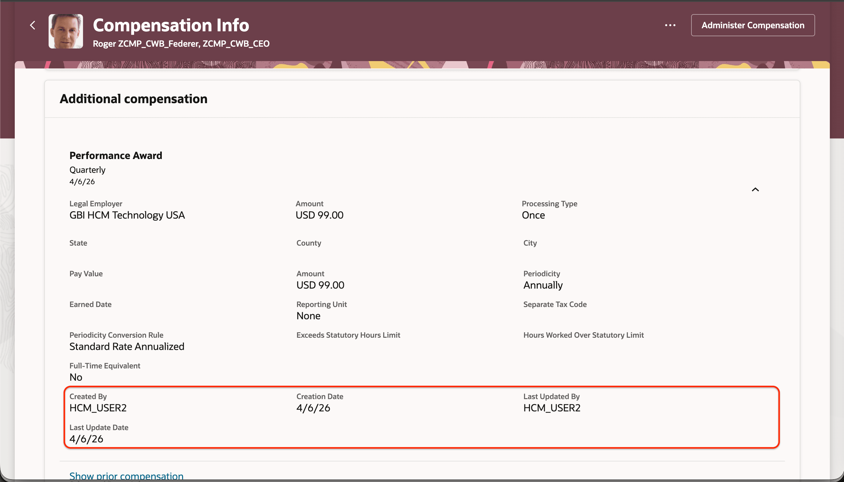 Additional Compensation Section Showing Creation and Updation Details