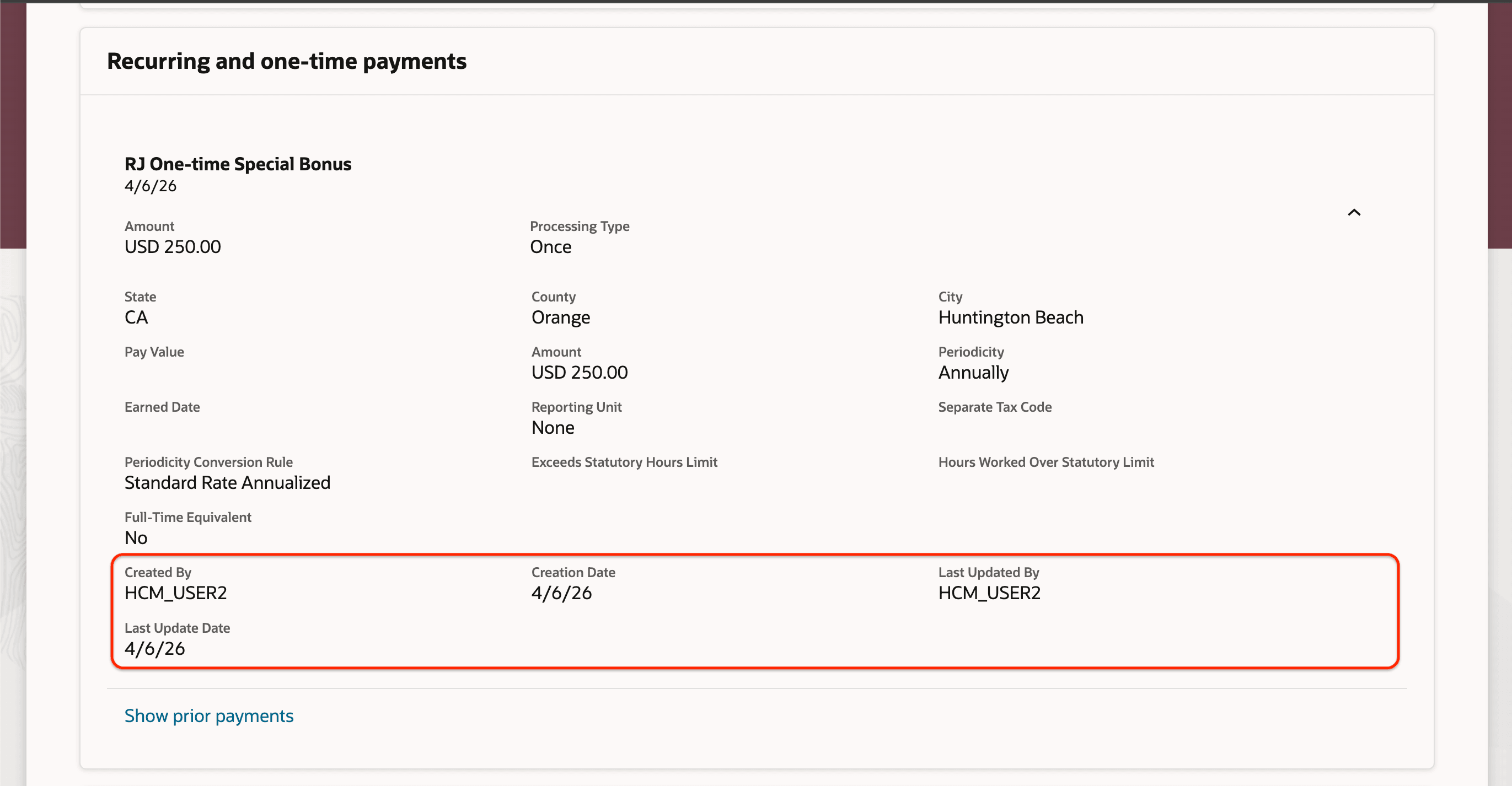 Recurring and One-Time Payments Section Showing Creation and Updation Details