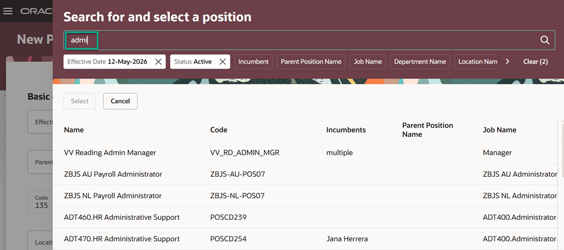 Records that match the search term are displayed