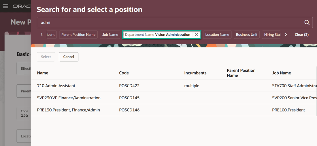 Apply additional filters in the Search for and select a position panel drawer