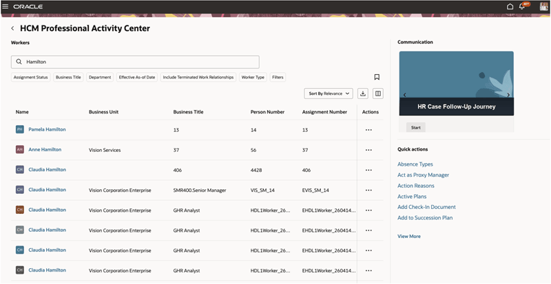 Search Results in HCM Professional Activity Center 