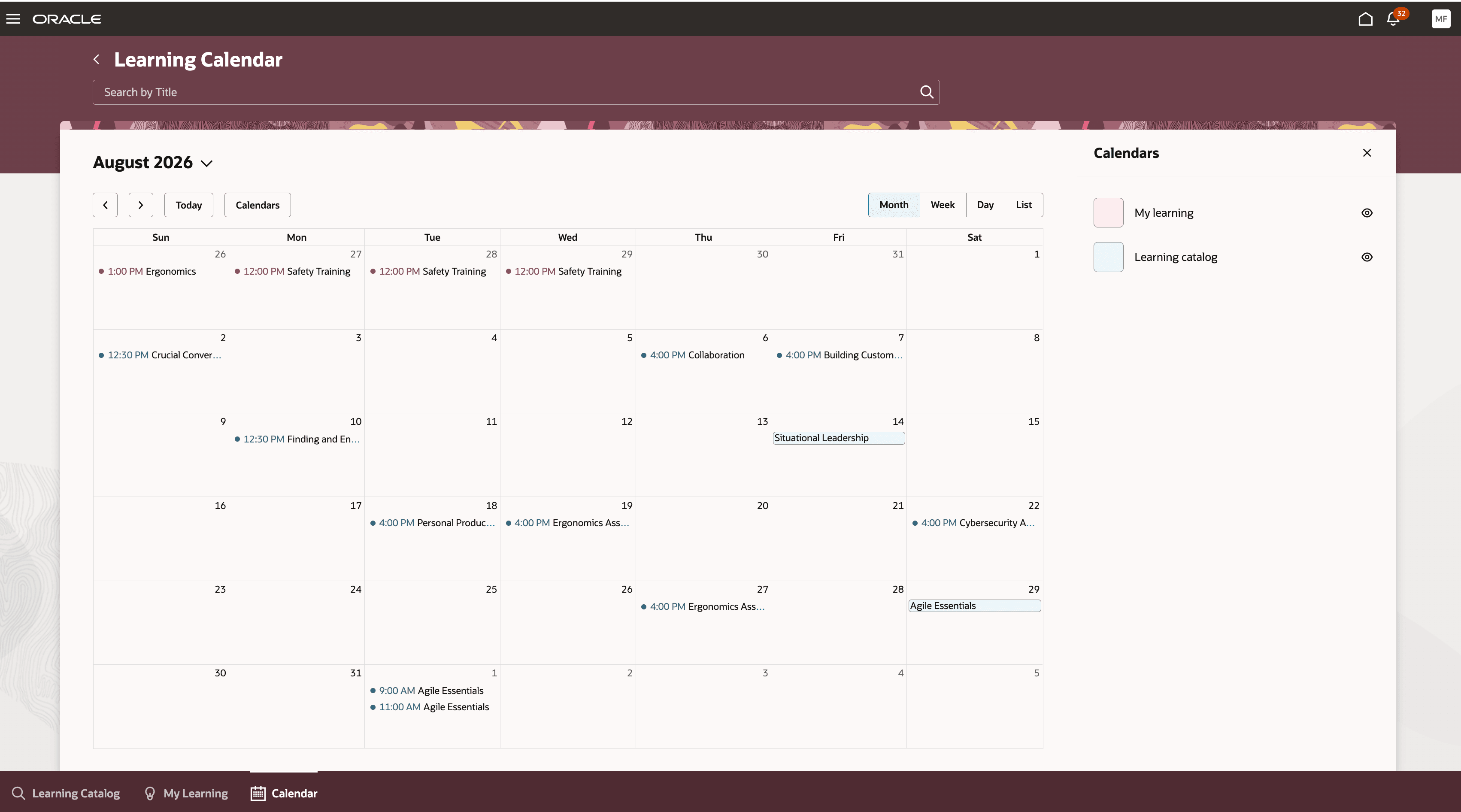 Learner Calendar Showing the Filters Drawer