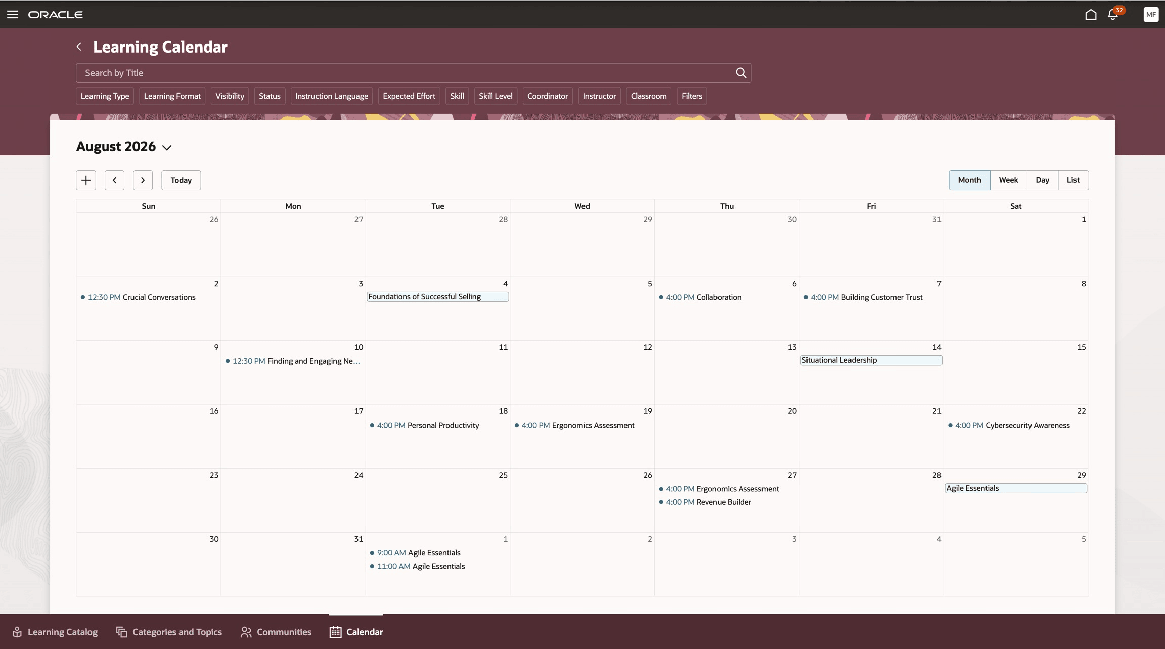 Learning Catalog Calendar