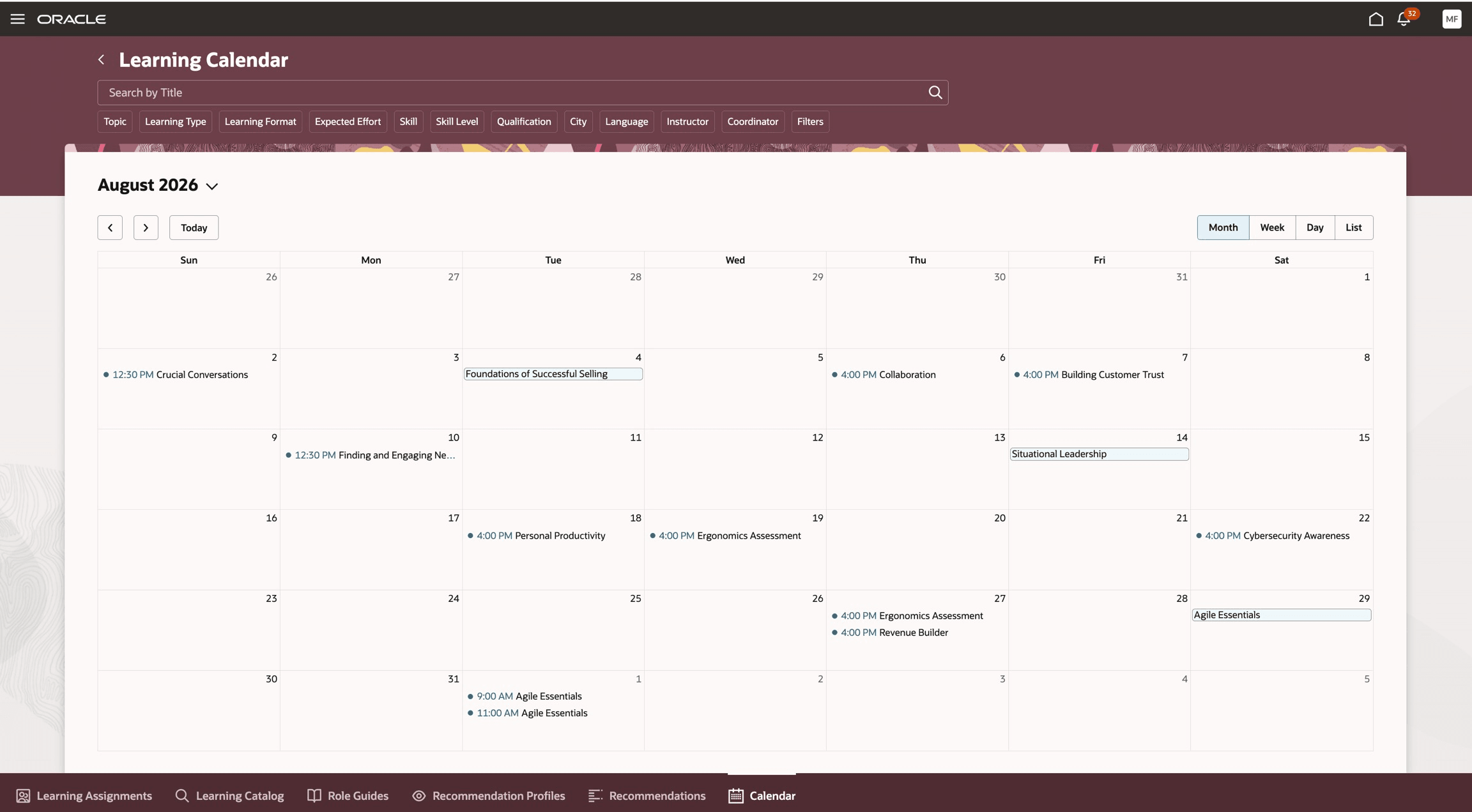 Learning Catalog Calendar