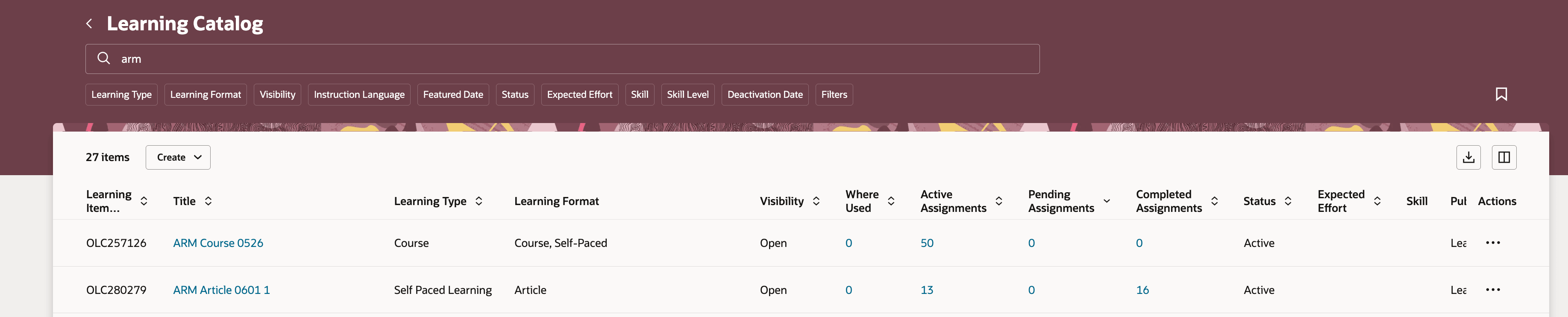 Learning Catalog Page Showing Pending Assignments