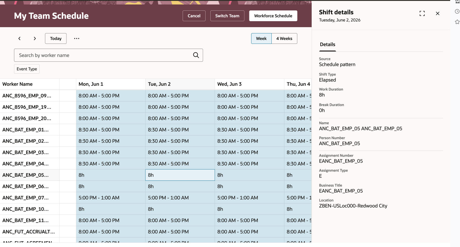 Team Schedule with Schedule Pattern Elapsed Shifts