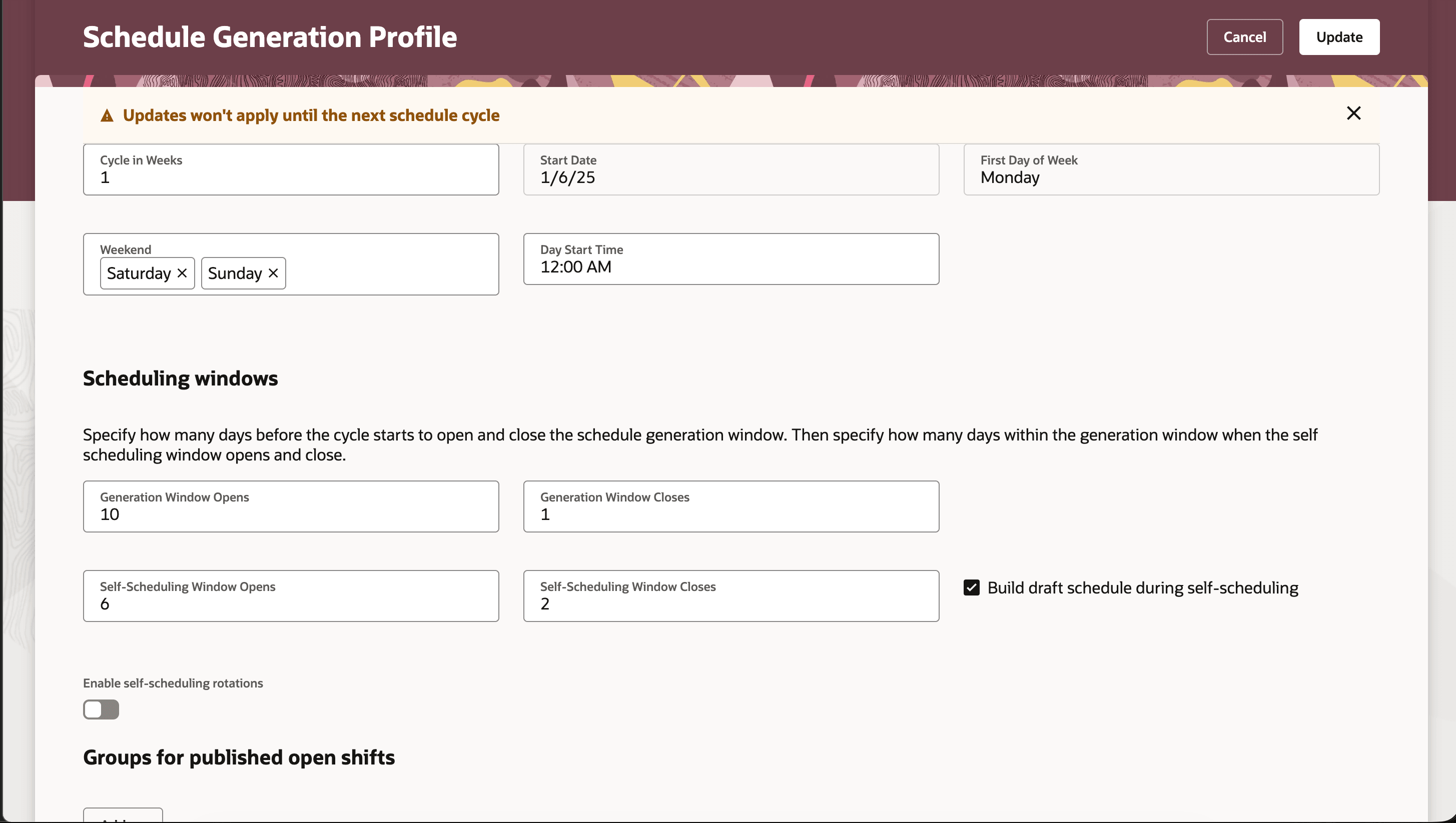 Schedule generation profile showing build draft schedule option