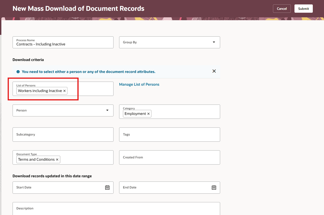 Submit Process to Download Document Records for Inactive Workers