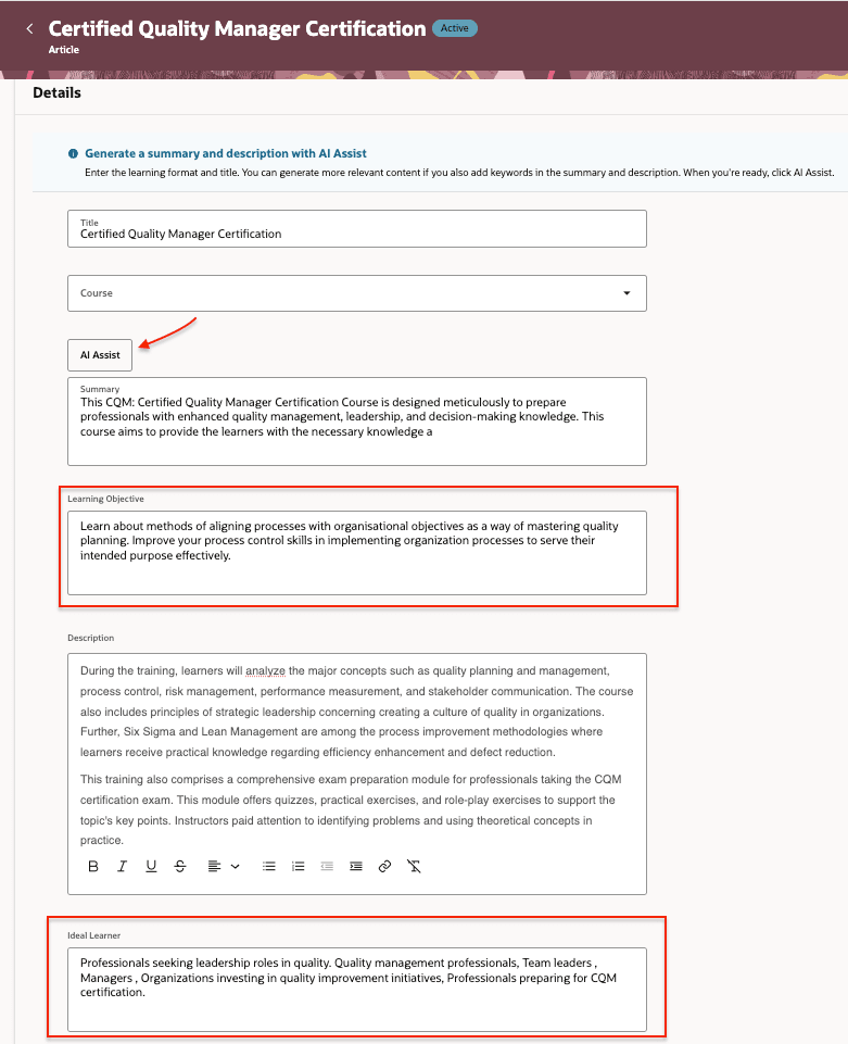 Self-Paced Learning Configuration Showing the AI Assist Button and Learning Objective and Ideal Learner on self-paced learning create/edit page