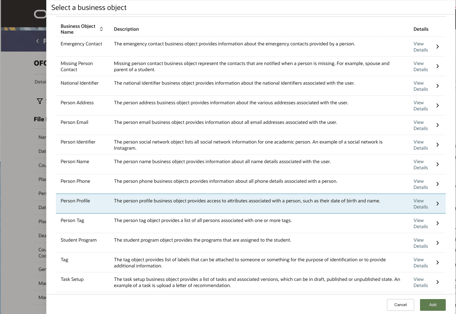 File Layout Business Object Selection