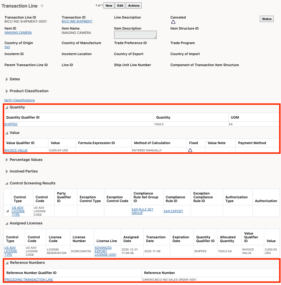 Transaction Line for Shipment - License Assignment