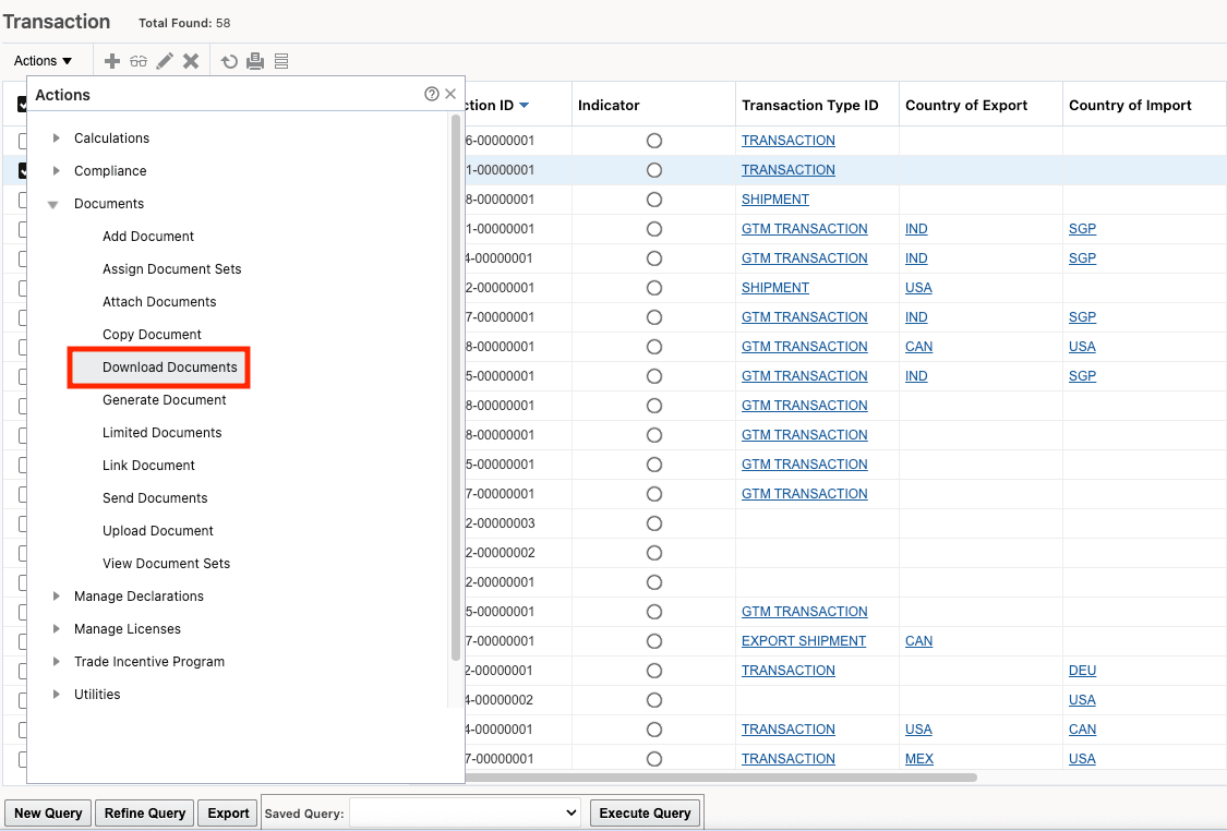 Trade Transaction - Download Documents Action