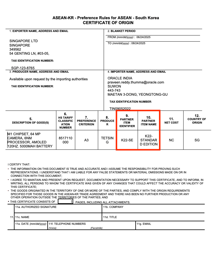 Certificate of Origin with Supplier Information