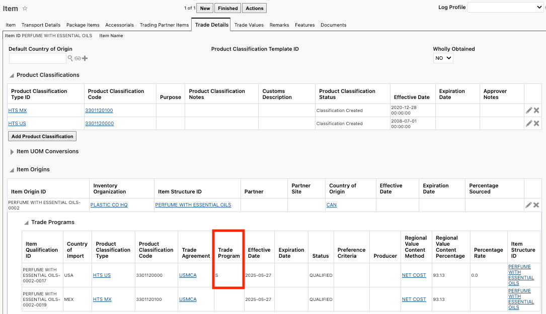 Item Containing Item Qualification with Trade Program Populated