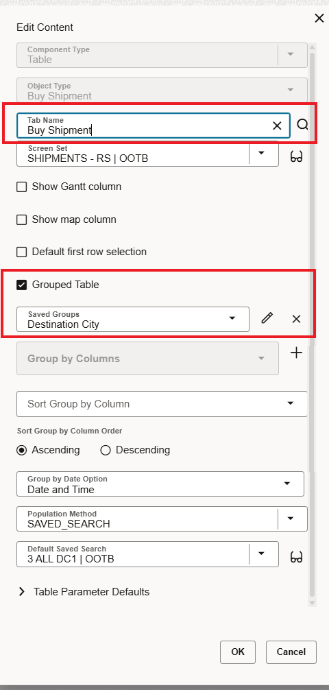 Parent Table Buy Shipment Configuration