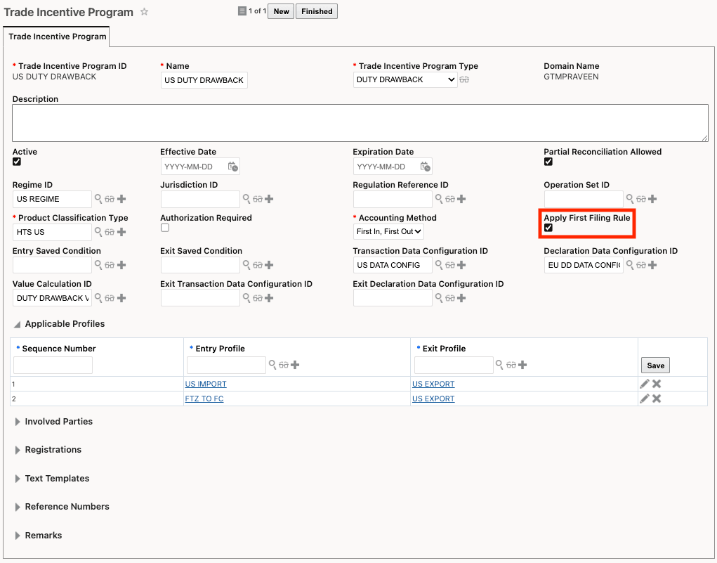 Trade Incentive Program - Apply First Filing Rule