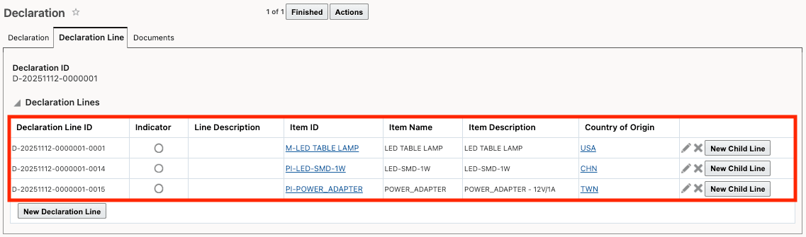 Declaration Line - Finished Good and Privileged Foreign Lines