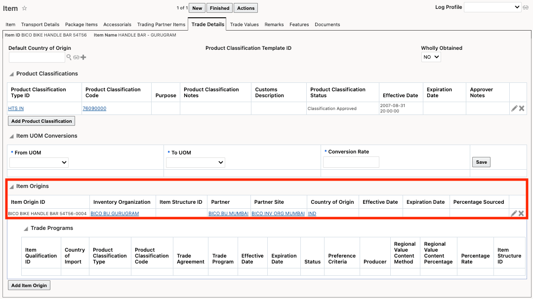 Item - Trade Details Tab