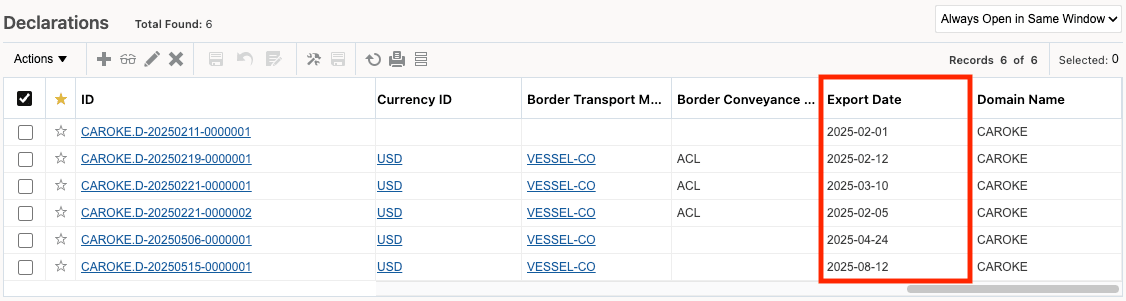 Declaration Finder Results - Export Date