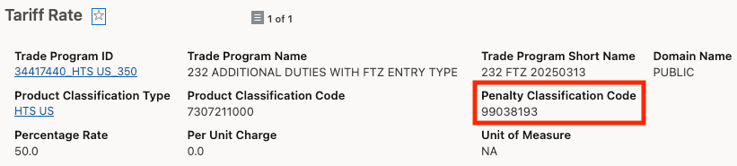 Tariff Rate with Penalty Classification Code