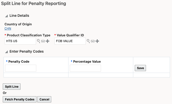 Split Line for Penalty Reporting Action - Input