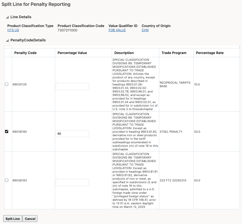 Split Line for Penalty Reporting - Selection