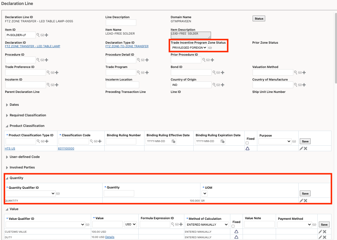 Declaration Line with Trade Incentive Program Zone Status