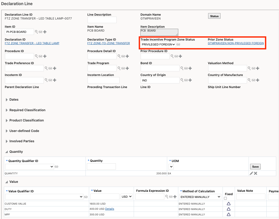 Declaration Line - Change Zone Status