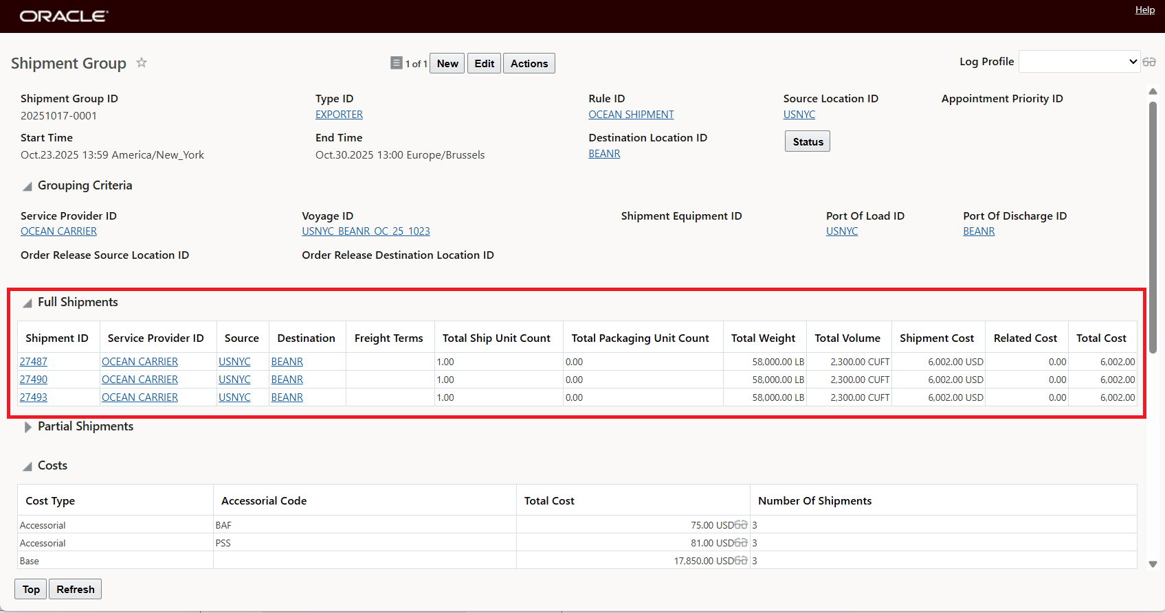 Shipment Group - Three Grouped Ocean Shipments