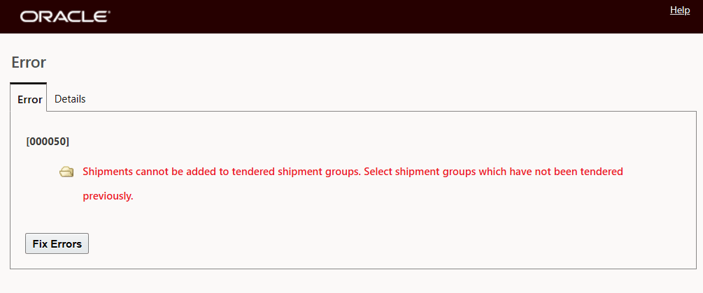 Add Shipment To Tendered Shipment Group Error Message