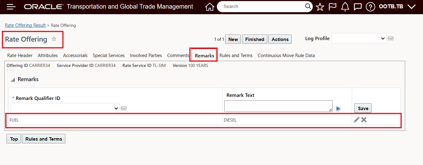 Shipment Rate - Rate Offering for Shipment Remark "FUEL" Value "DIESEL"