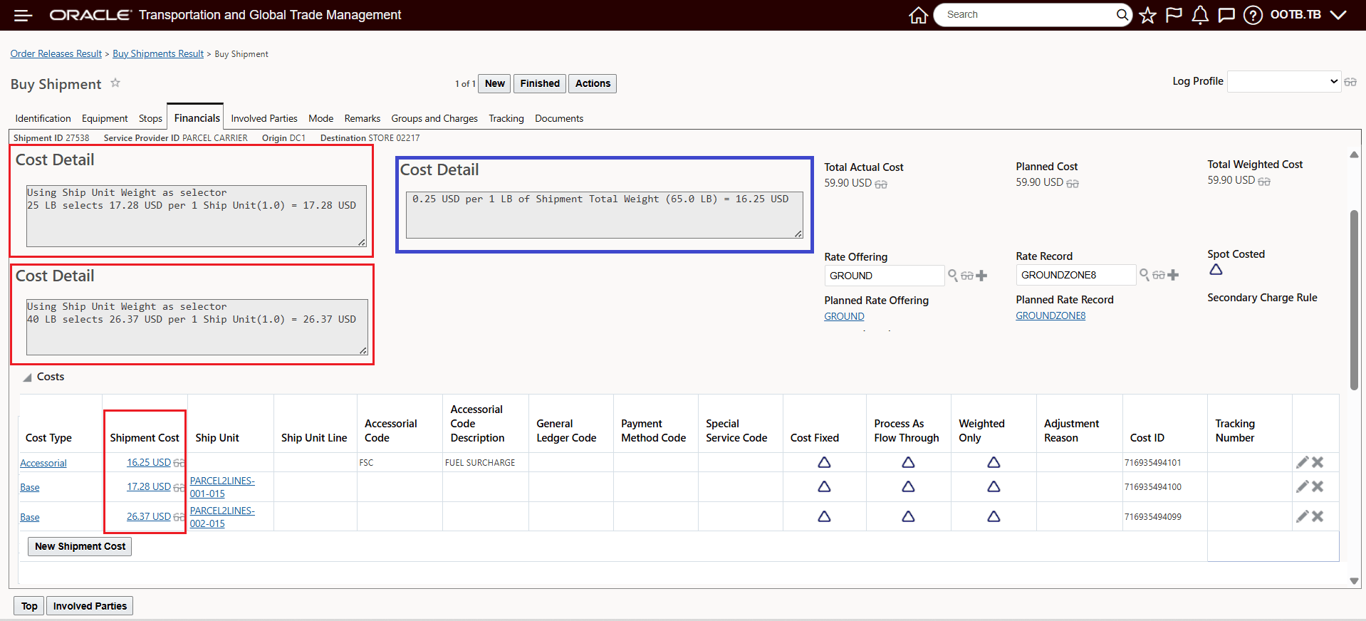 Cost Detail(s) Ship Unit and Accessorial