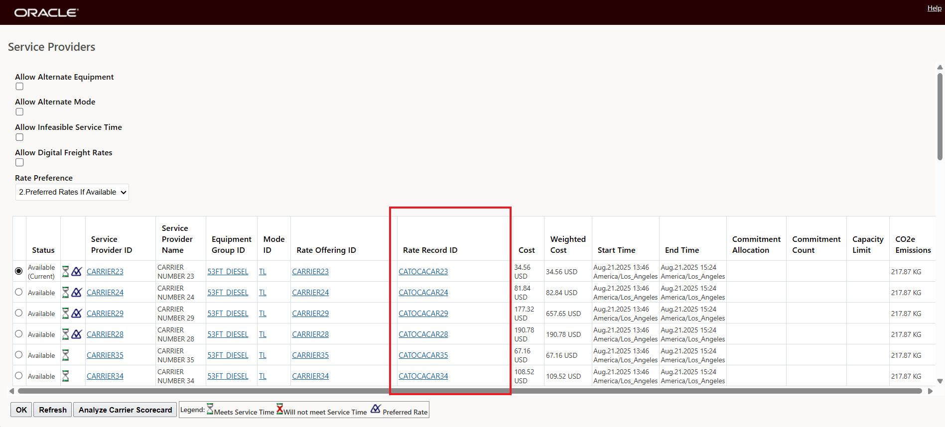 Change Service Provider action - Service Provider Selection UI includes Rate Record info