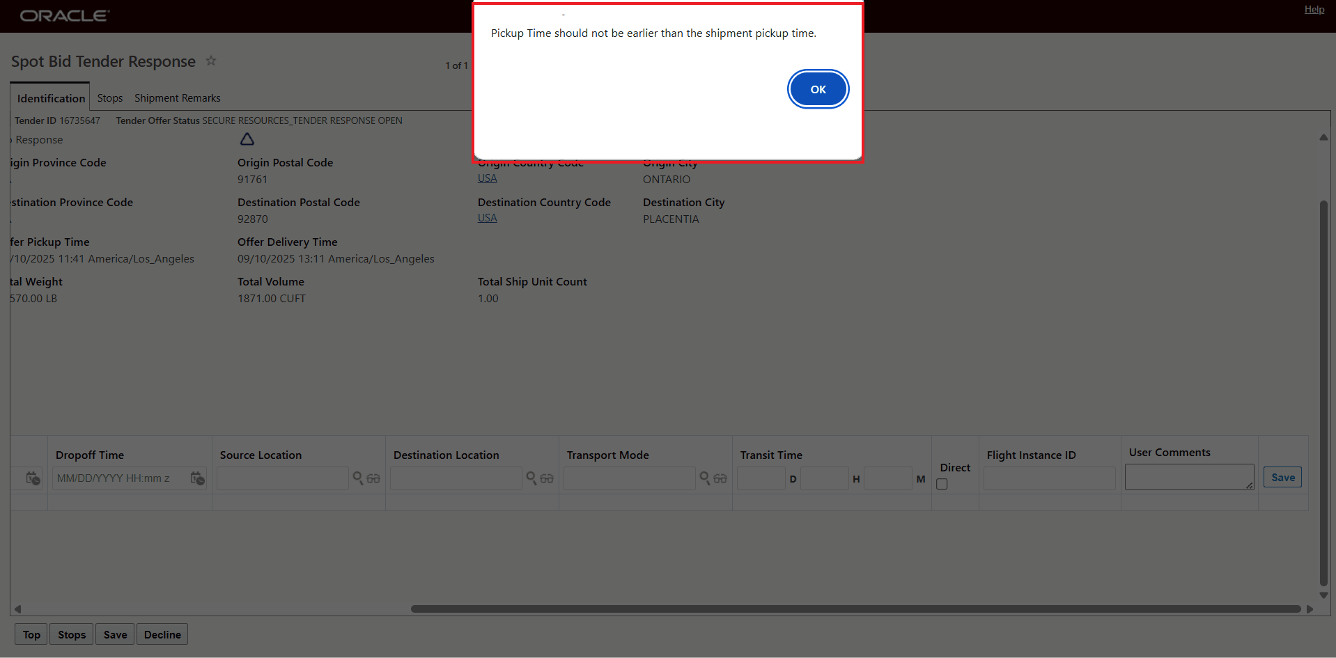 Property true and Pickup Time Bid Option is Earlier Than Offer Pickup Time Error Message