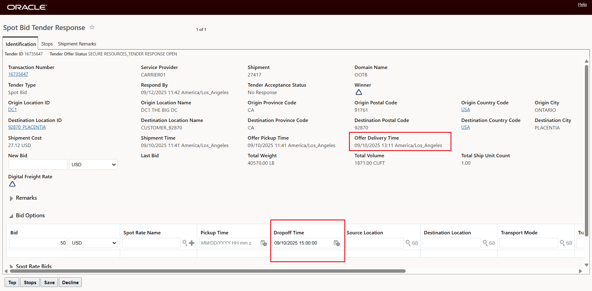Property true and Dropoff Time Bid Option is Later Than Offer Delivery Time