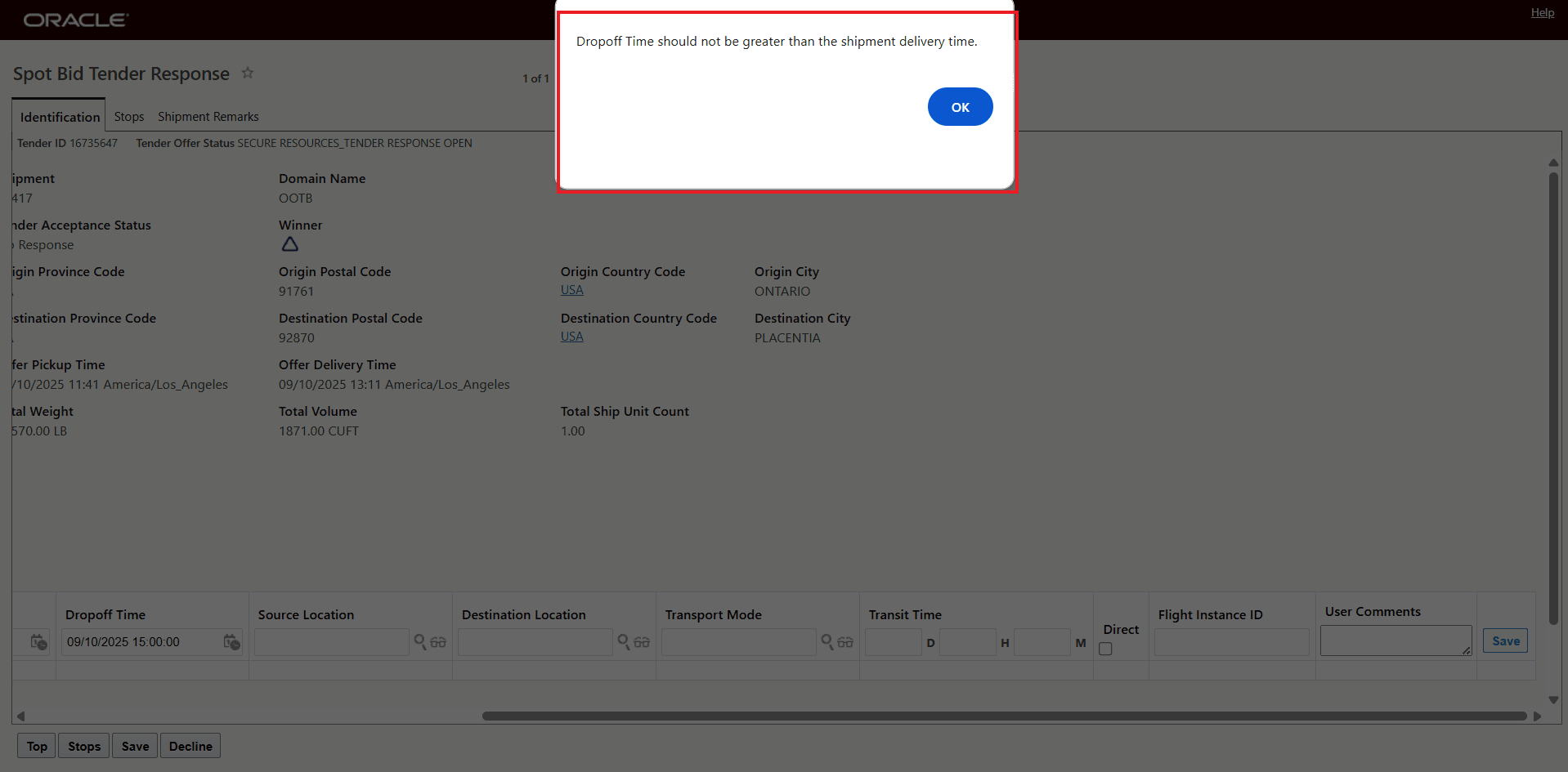 Property true and Dropoff Time Bid Option is Later Than Offer Delivery Time Error Message
