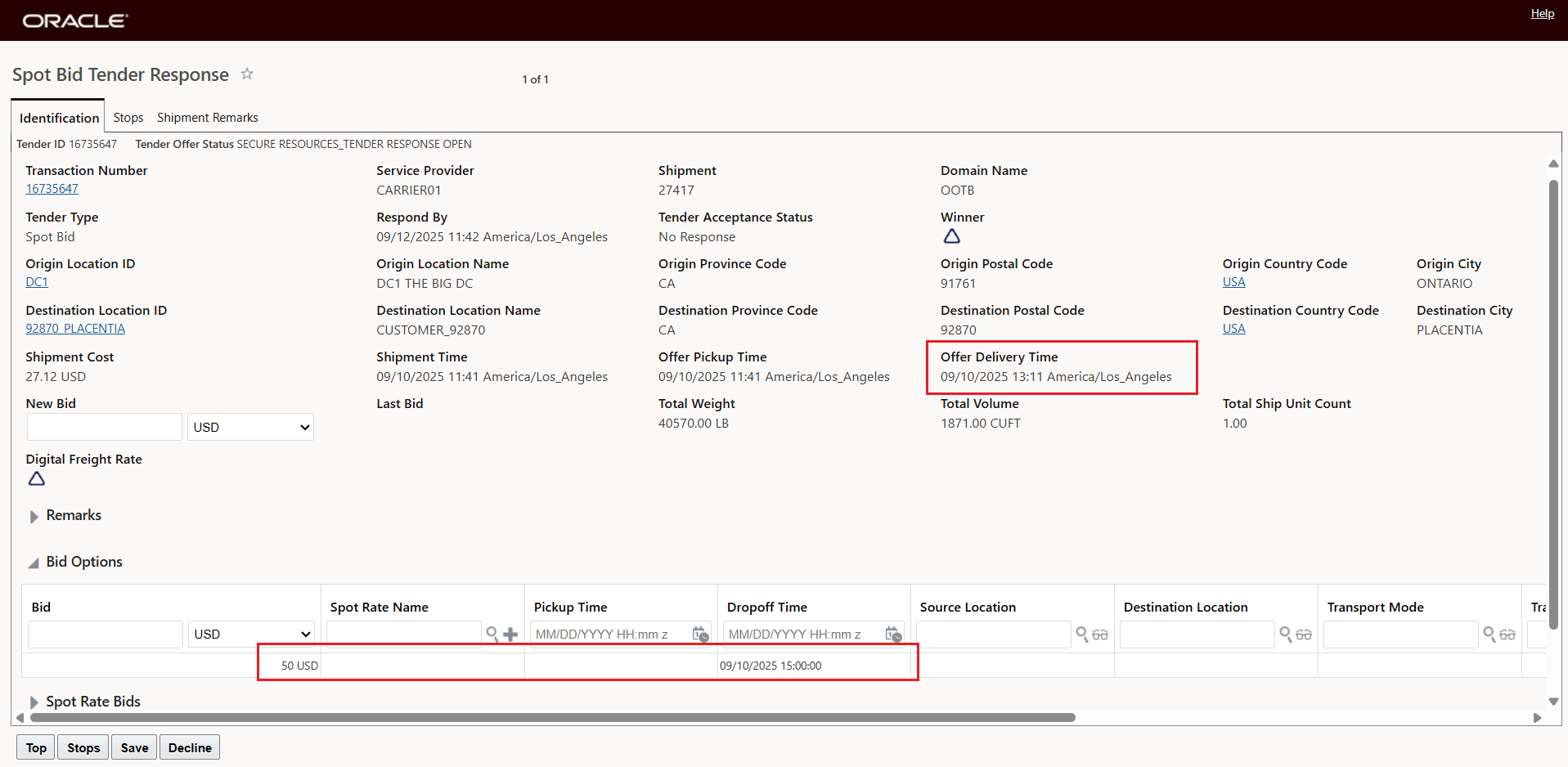 Property false and Dropoff Time Bid Option is Later Than Offer Delivery Time - Accepted