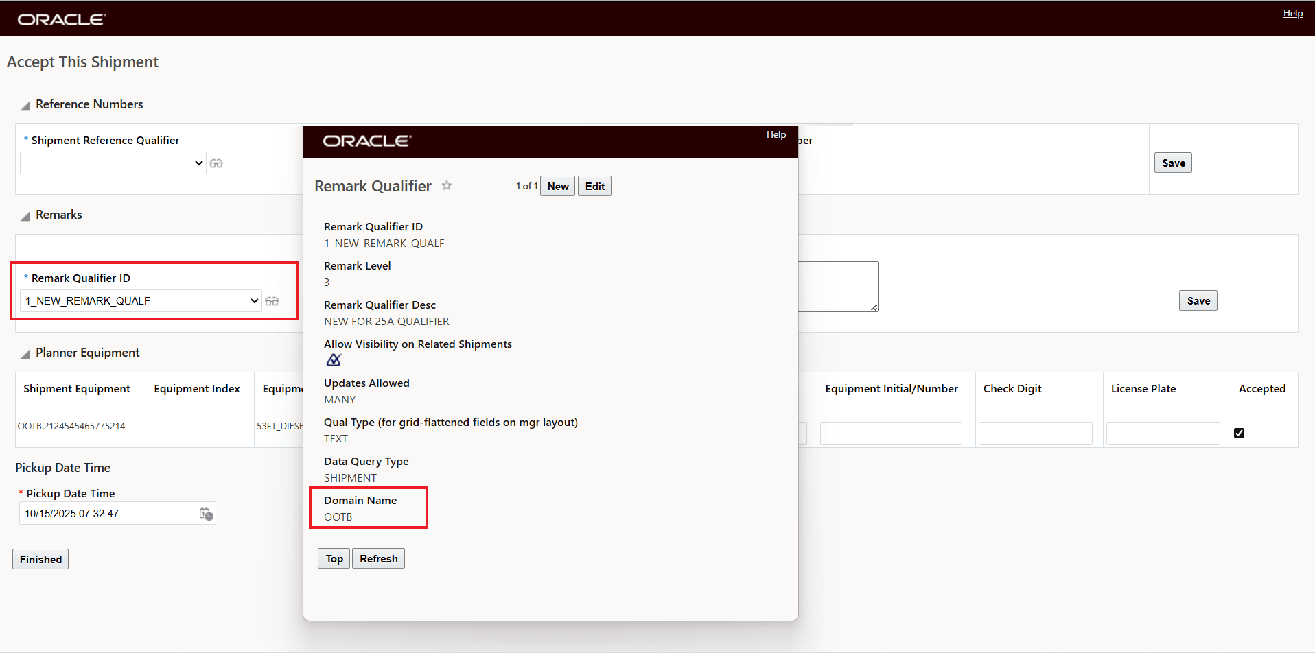 Domain of Object - OOTB - Shipment Remark Qualifier