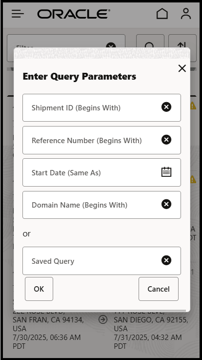 Search Shipments Popup