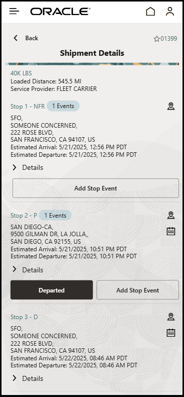 Shipment Details Screen