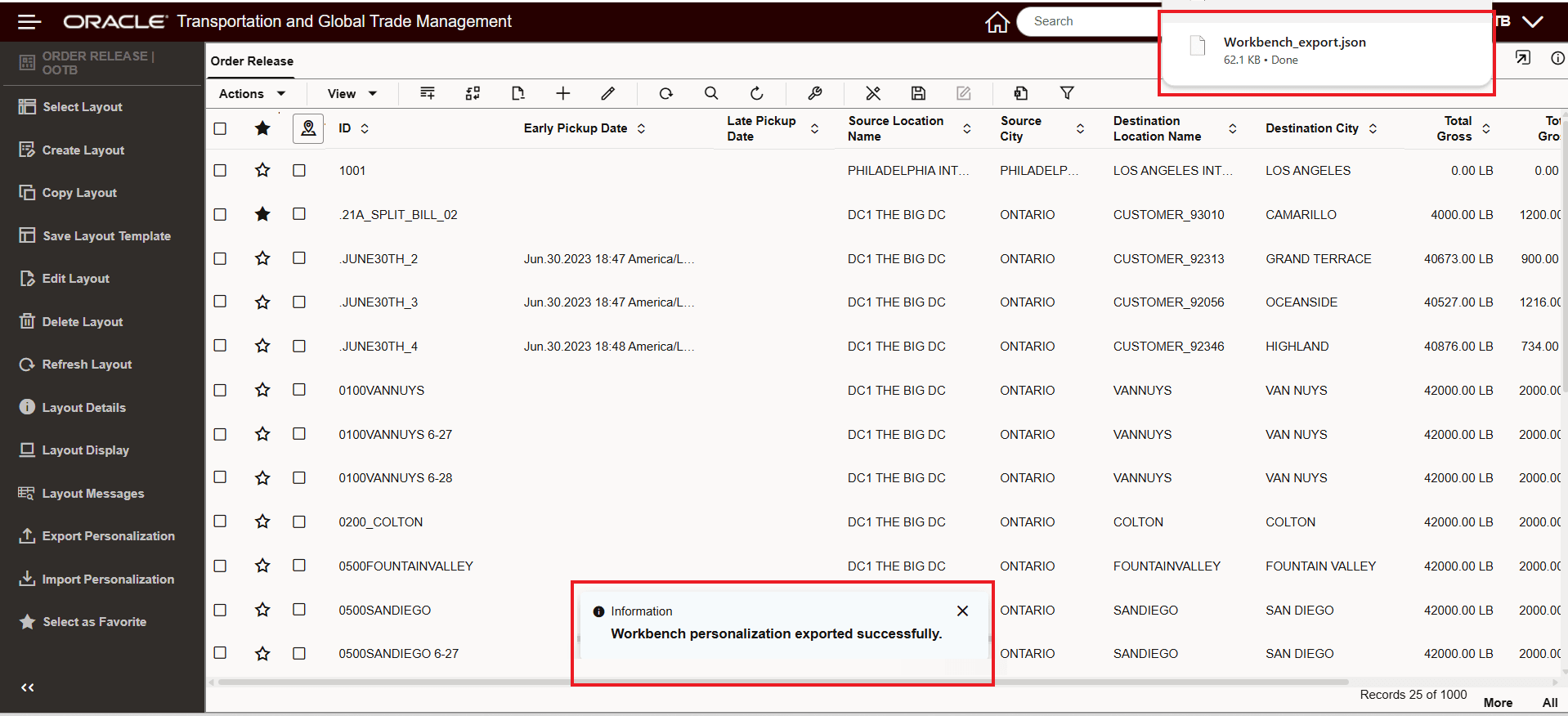 Export Personalization - Download and Confirmation Message