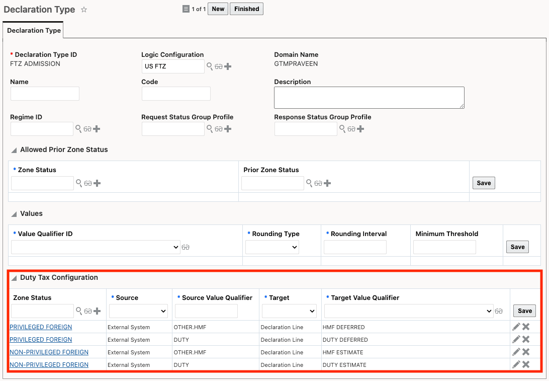 Declaration Type for FTZ Admission