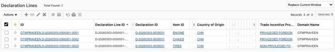 Declaration Lines for Entry to FTZ