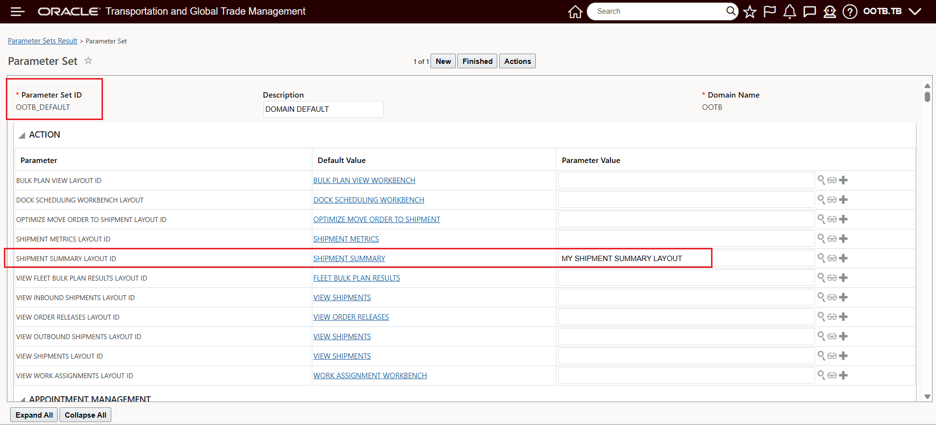 In Your Domain Default Parameter Set - Set the Shipment Summary Layout ID