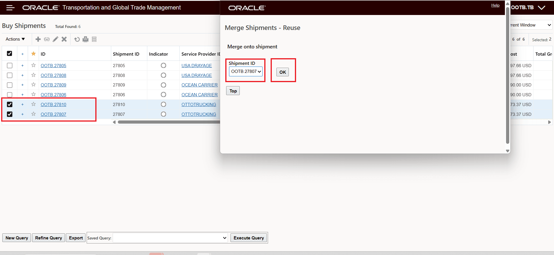 Merge Shipments - Reuse Action Input Screen