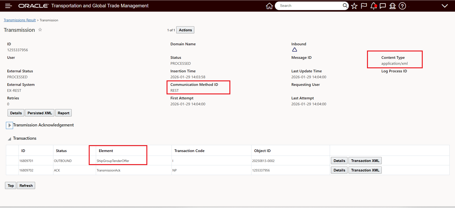 Shipment Group Tender Transmission Example 