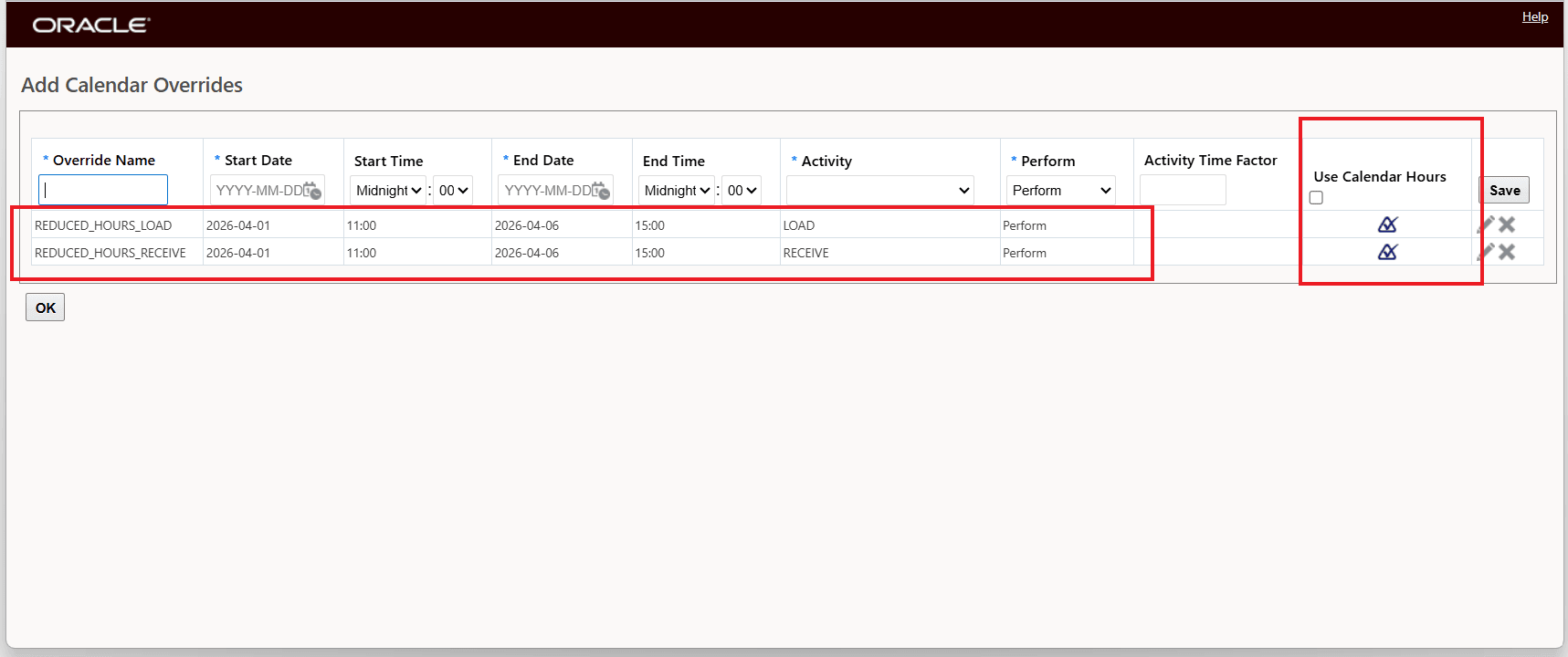 Enter Override Details April 1st to April 6th - Load and Receive Perform - Use Calendar Hours OptionPerform