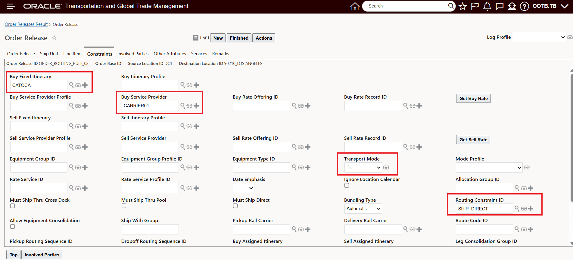 Order Routing Rule Applied to Order Release - Including Itinerary and Routing Constraint