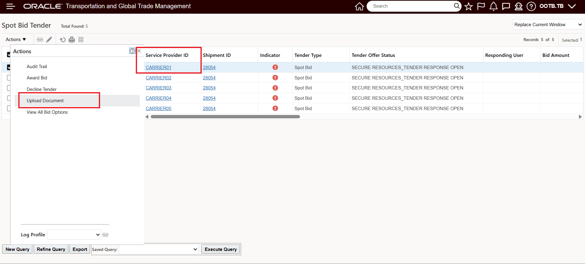 Spot Bid Tender - Select Spot Bid to Upload Document