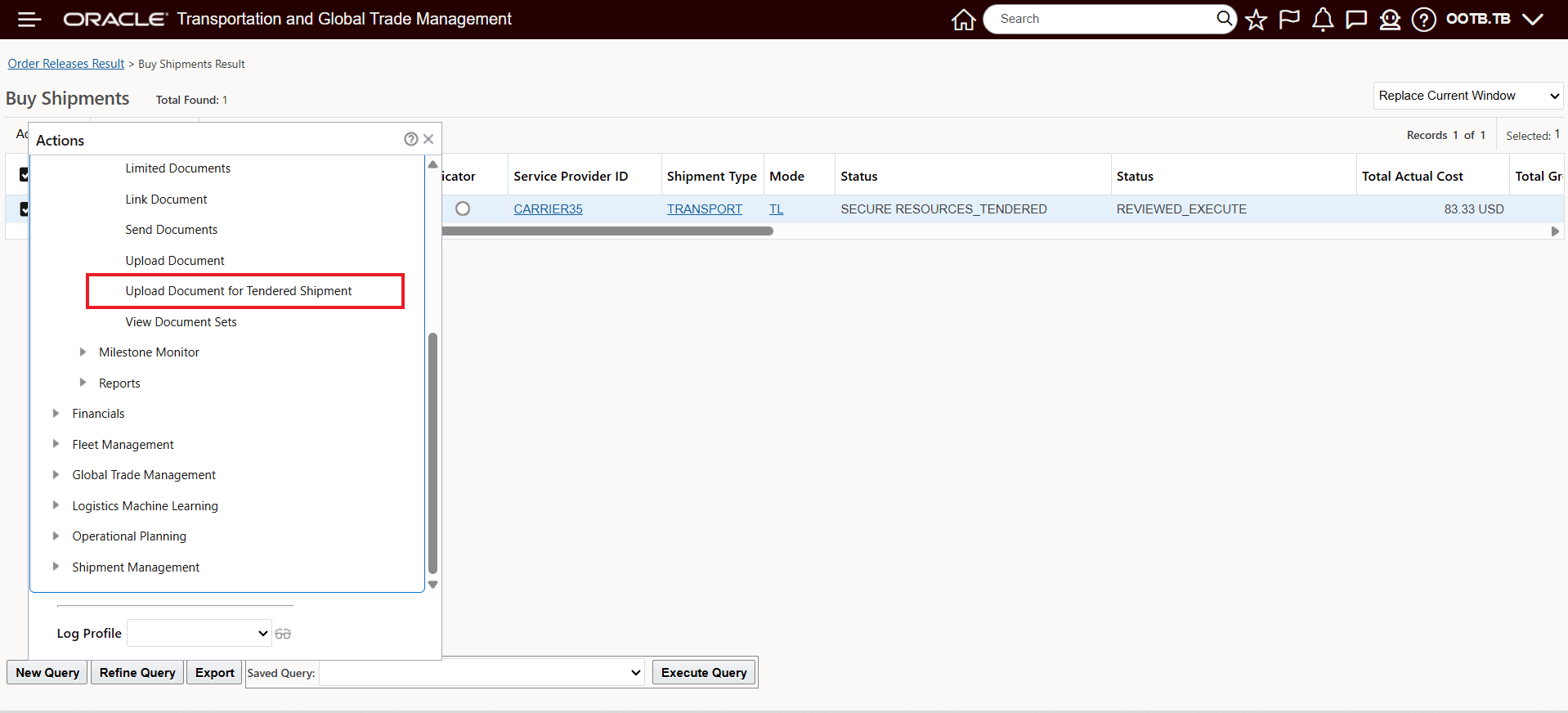 Action - Upload Document for Tendered Shipment
